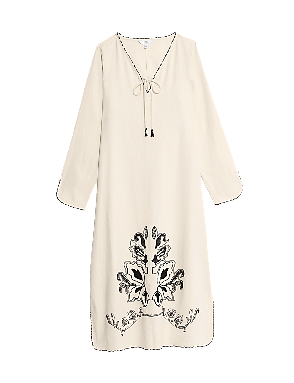 Linen Rich Embroidered Midi Shift Dress