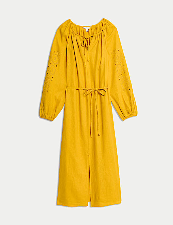 Linen Rich Broderie V-Neck Belted Midi Shift Dress