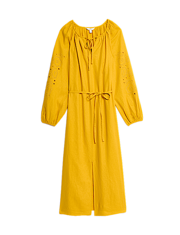 Linen Rich Broderie V-Neck Belted Midi Shift Dress