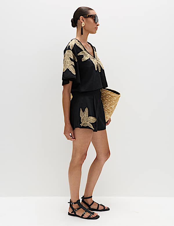 Cotton Rich Palm Embroidered Beach Shorts