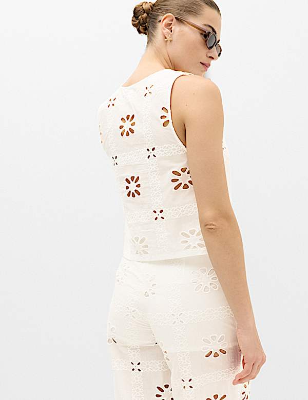 Pure Cotton Cutwork Sleeveless Beach Top - LU