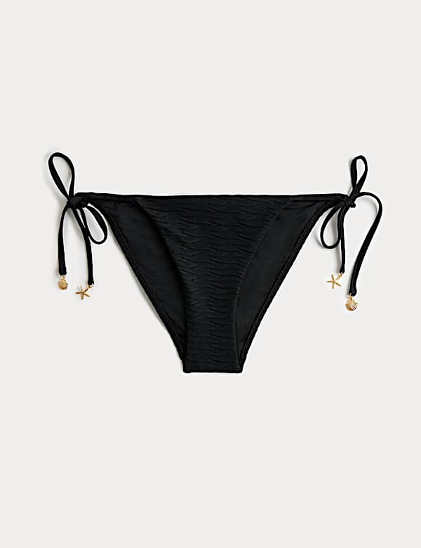Textured Tie Side Trim Detail High Leg Bikini Bottoms