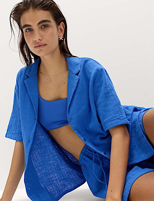 Pure Cotton Double Cloth Short Sleeve Beach Shirt - ID