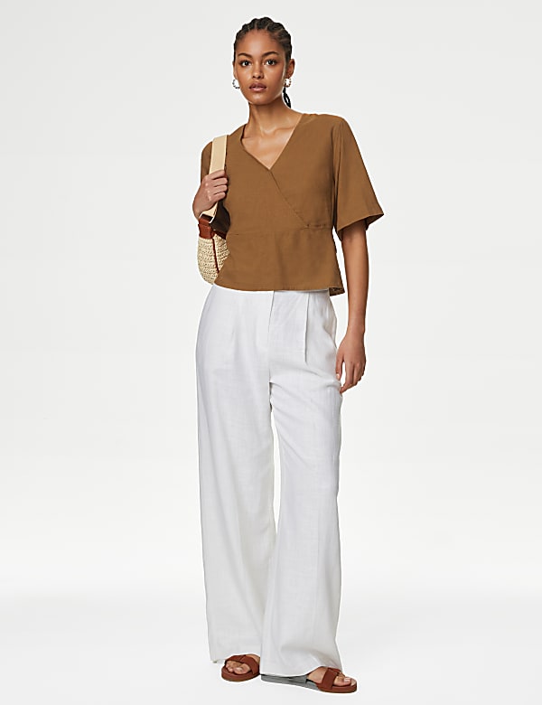 Linen Rich V Neck Kimono Sleeve Blouse