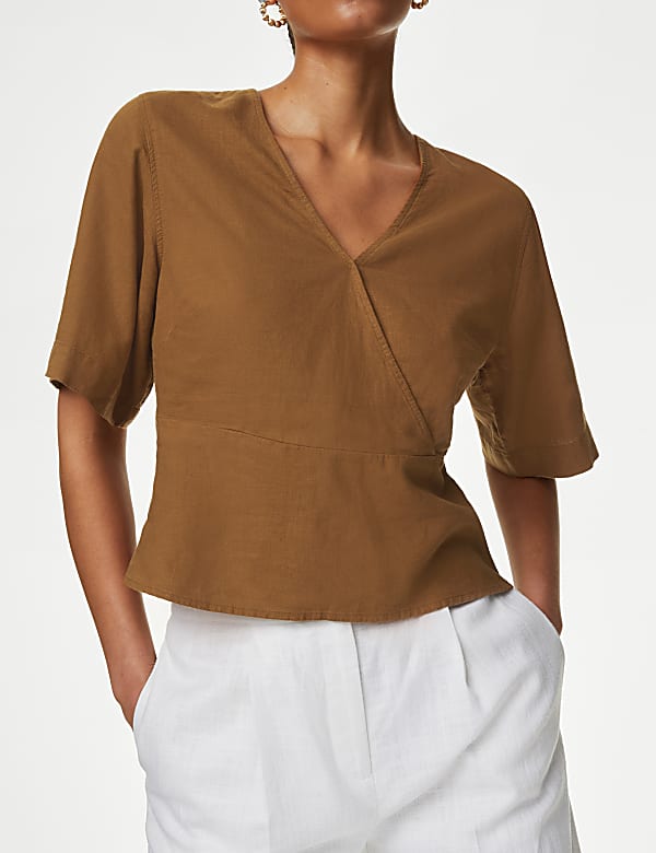 Linen Rich V Neck Kimono Sleeve Blouse