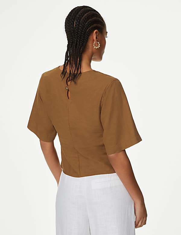 Linen Rich V Neck Kimono Sleeve Blouse