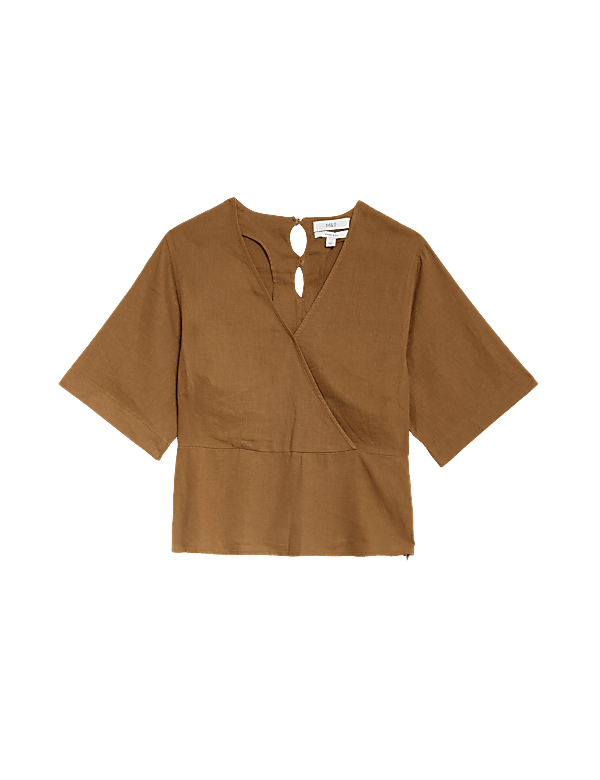 Linen Rich V Neck Kimono Sleeve Blouse