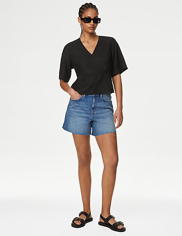 Linen Rich V Neck Kimono Sleeve Blouse