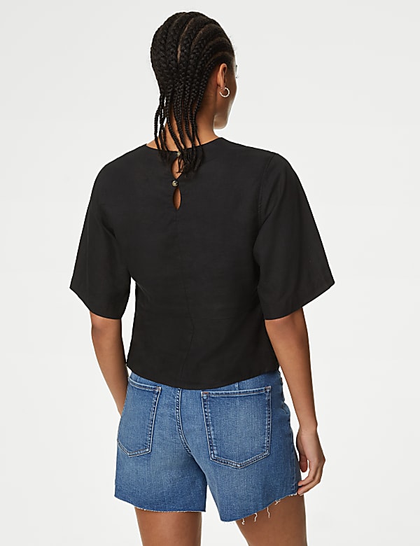Linen Rich V Neck Kimono Sleeve Blouse