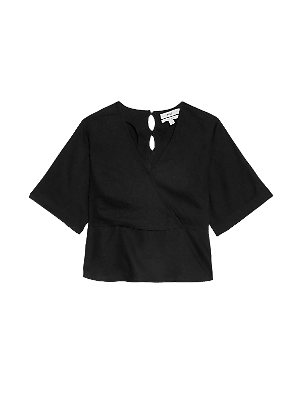 Linen Rich V Neck Kimono Sleeve Blouse