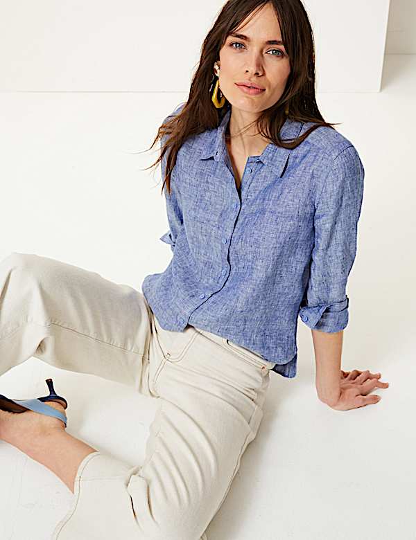 Pure Linen Plain Spread Collar Shirt