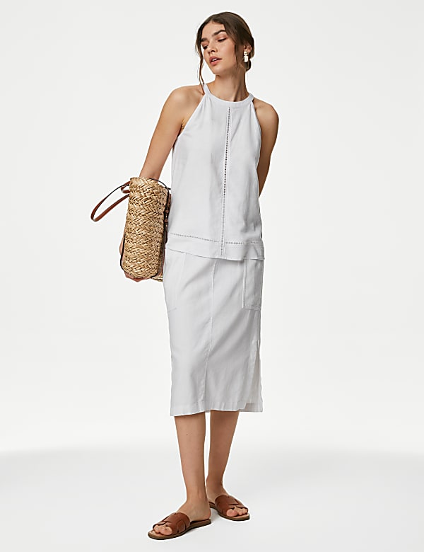 Linen Rich Halter Neck Embroidered Top