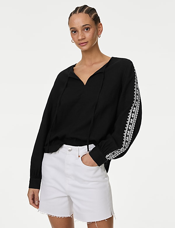 Linen Blend Embroidered Tie Neck Blouse