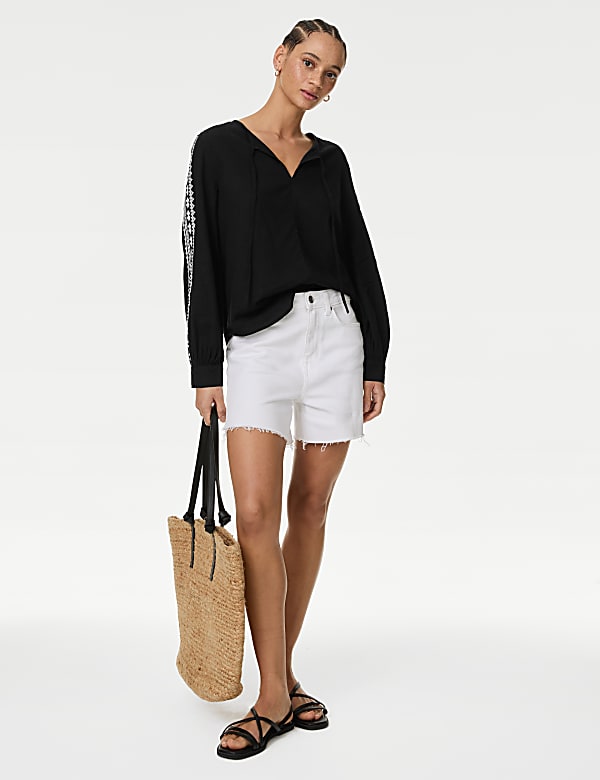 Linen Blend Embroidered Tie Neck Blouse