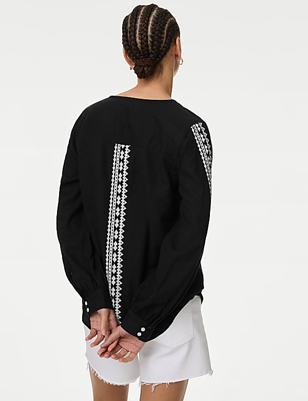 Linen Blend Embroidered Tie Neck Blouse