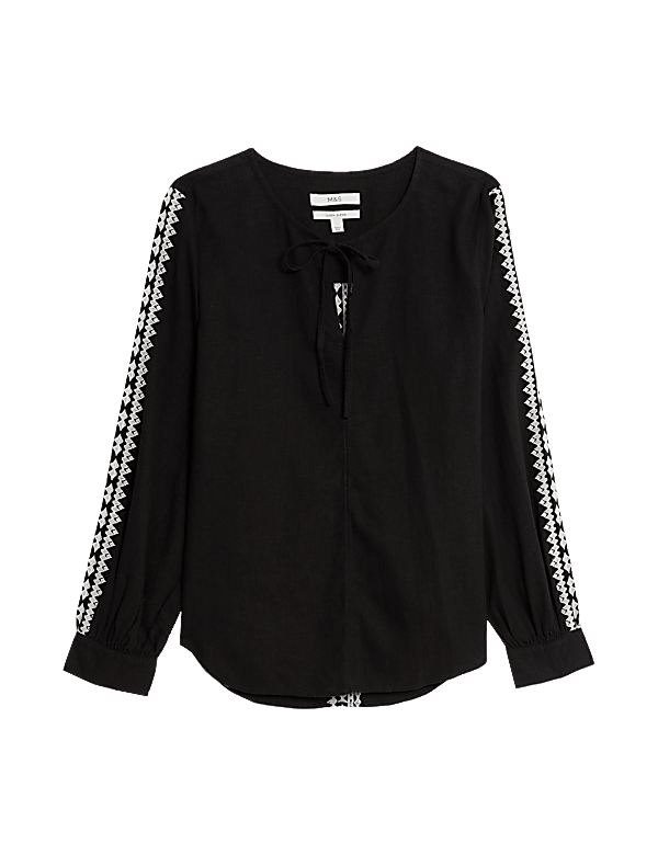 Linen Blend Embroidered Tie Neck Blouse