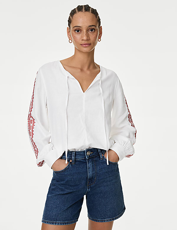 Linen Blend Embroidered Tie Neck Blouse - HU