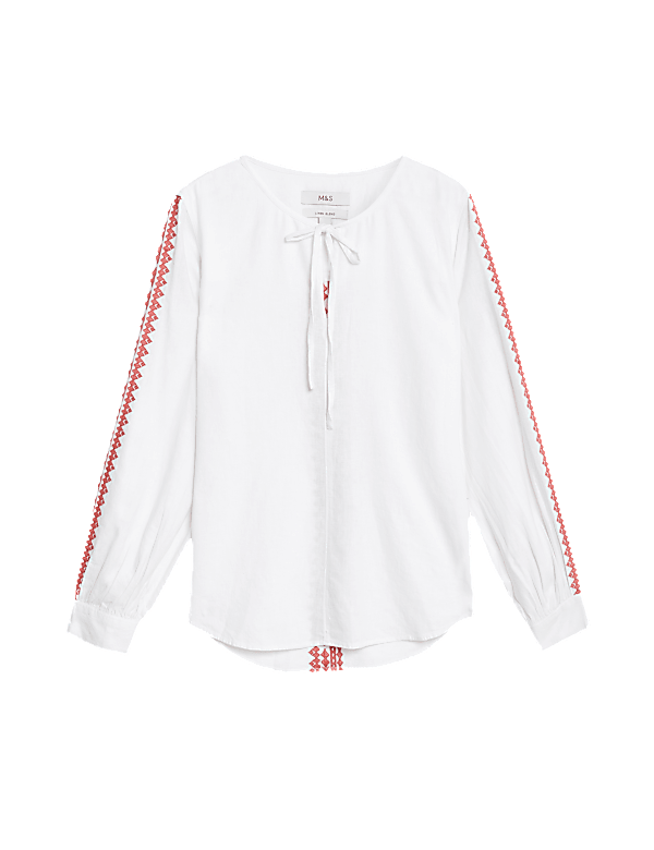 Linen Blend Embroidered Tie Neck Blouse