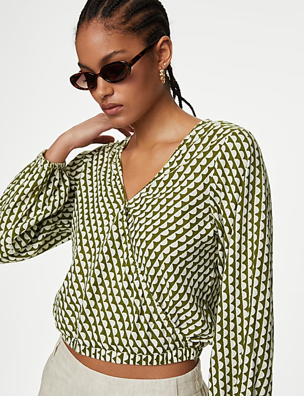 Linen Rich Printed V-Neck Wrap Top