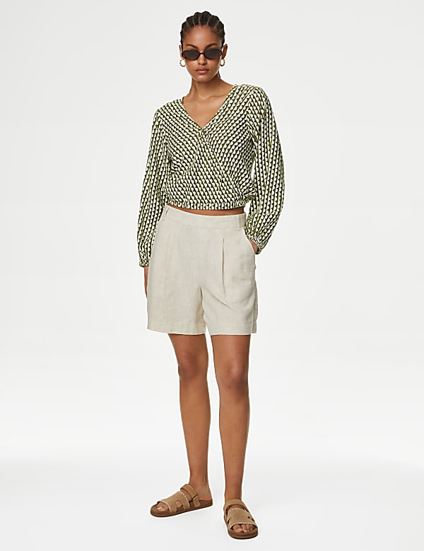 Linen Rich Printed V-Neck Wrap Top