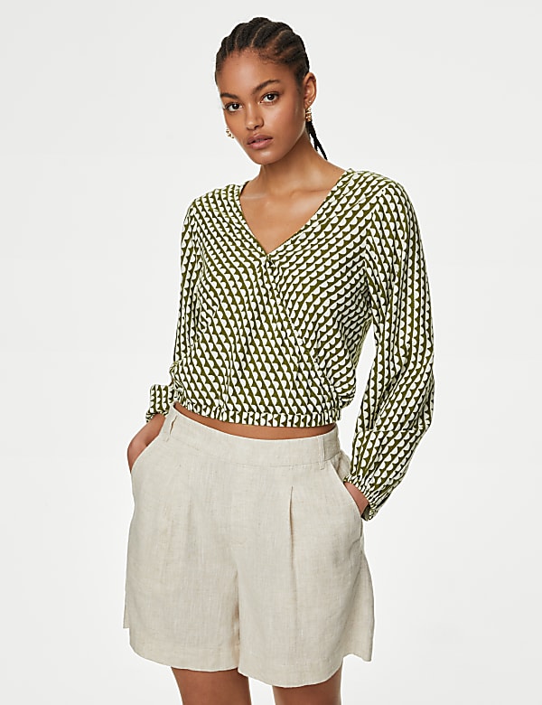 Linen Rich Printed V-Neck Wrap Top