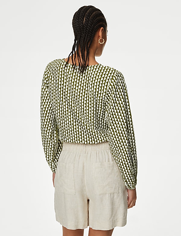 Linen Rich Printed V-Neck Wrap Top