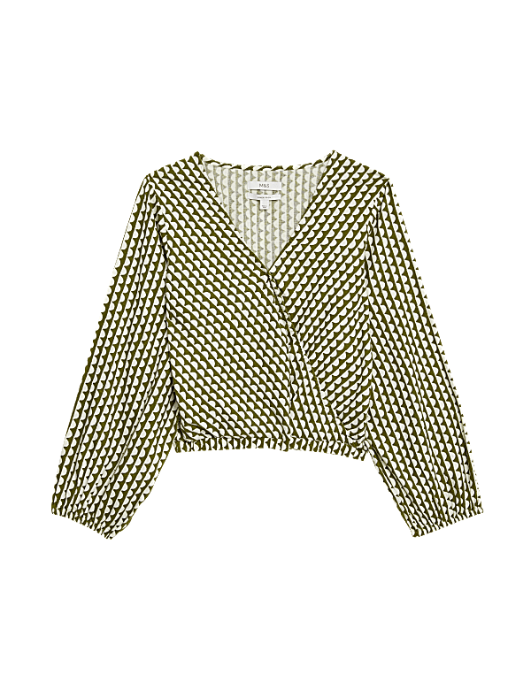 Linen Rich Printed V-Neck Wrap Top