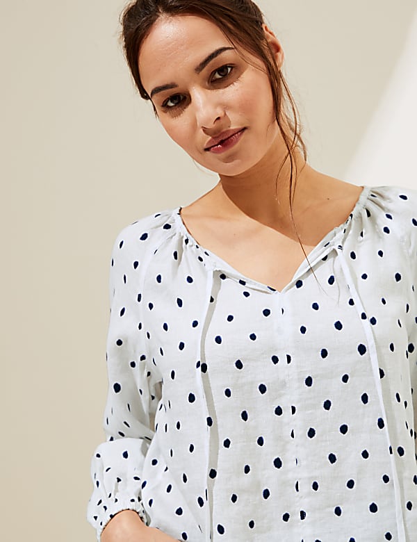 Pure Linen Polka Dot Long Sleeve Top
