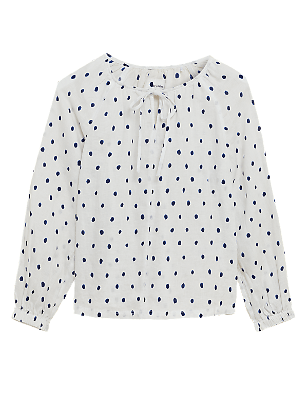 Pure Linen Polka Dot Long Sleeve Top