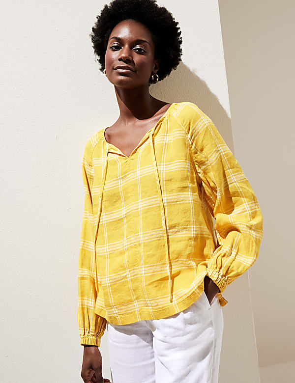 Pure Linen Checked Long Sleeve Blouse