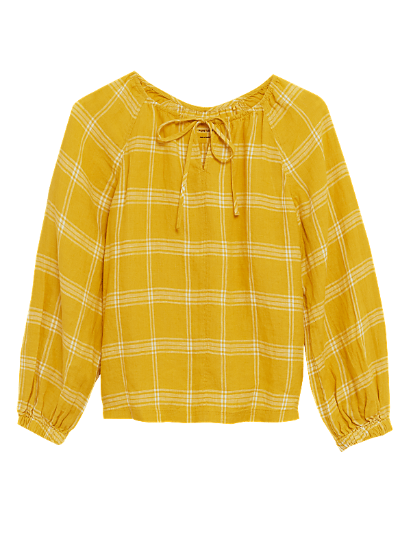 Pure Linen Checked Long Sleeve Blouse