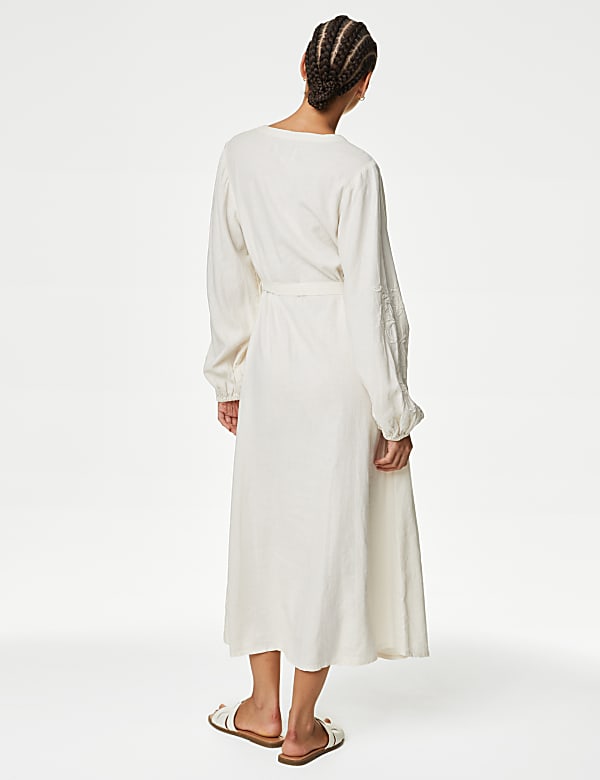 Linen Rich Embroidered Midi Shirt Dress