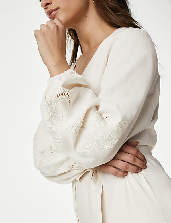 Linen Rich Embroidered V-Neck Midi Dress - JP