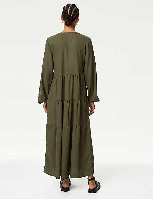 Linen Rich V-Neck Midaxi Tiered Dress