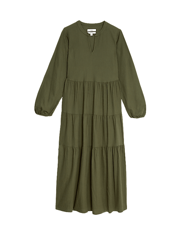 Linen Rich V-Neck Midaxi Tiered Dress