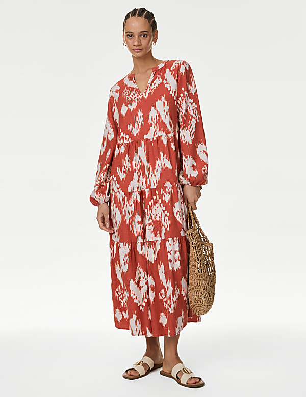 Linen Rich Printed V-Neck Midaxi Dress