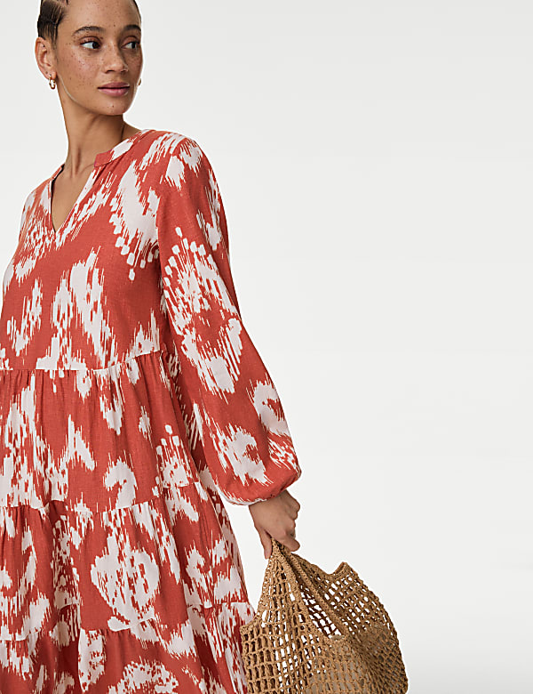 Linen Rich Printed V-Neck Midaxi Dress