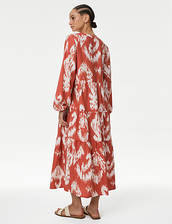 Linen Rich Printed V-Neck Midaxi Dress