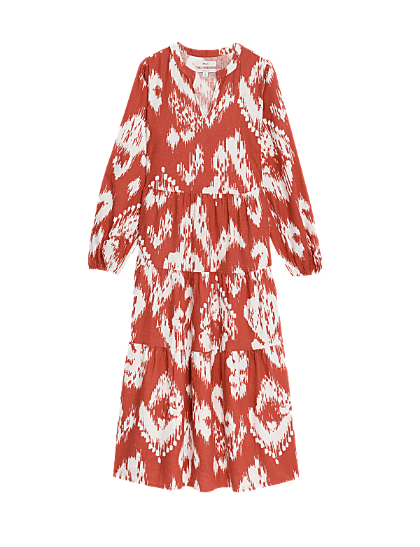 Linen Rich Printed V-Neck Midaxi Dress