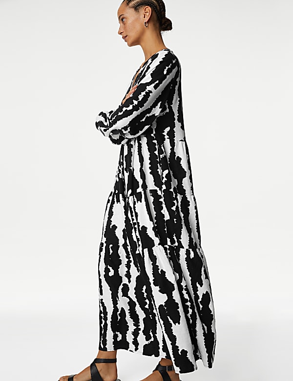 Linen Rich Printed V-Neck Midaxi Dress