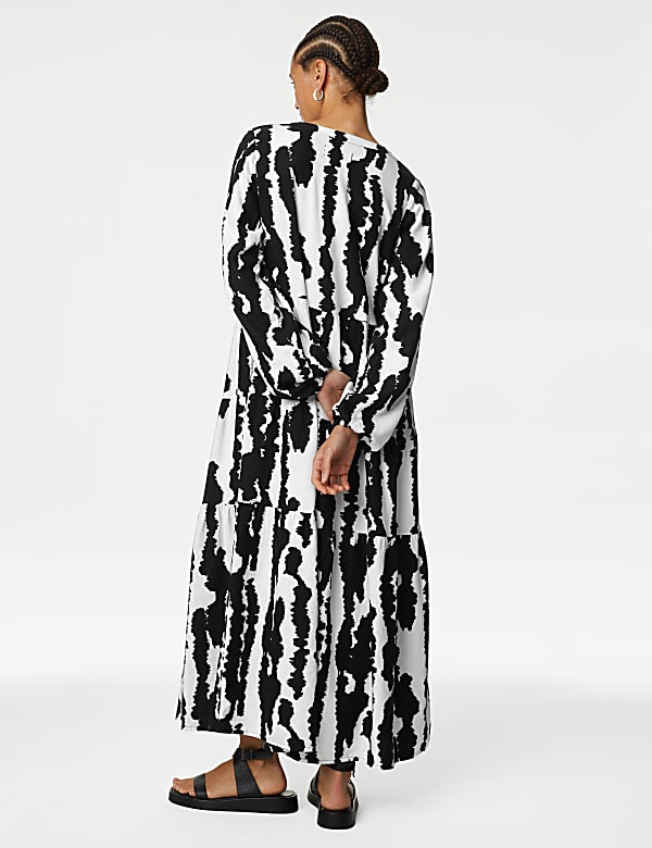 Linen Rich Printed V-Neck Midaxi Dress