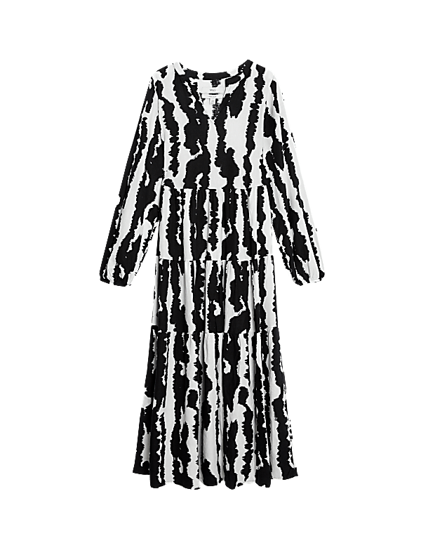 Linen Rich Printed V-Neck Midaxi Dress