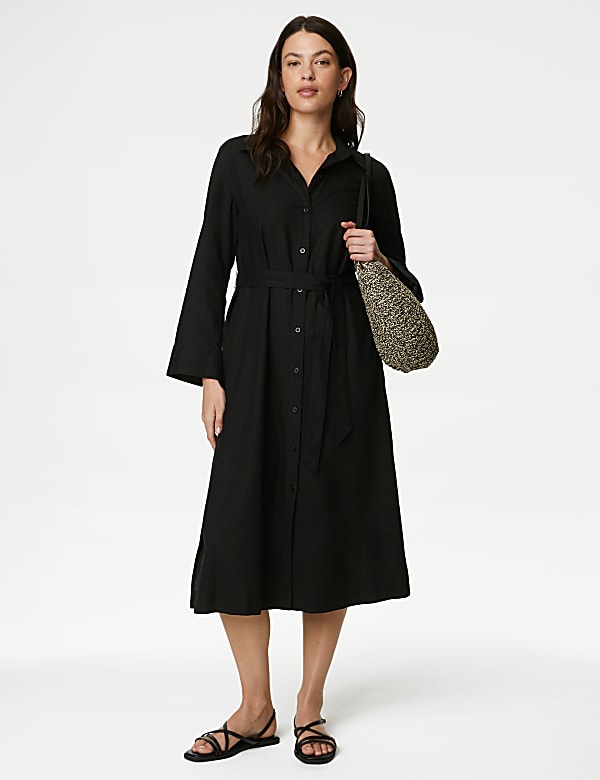 Linen Rich Belted Relaxed Midaxi Shirt Dress