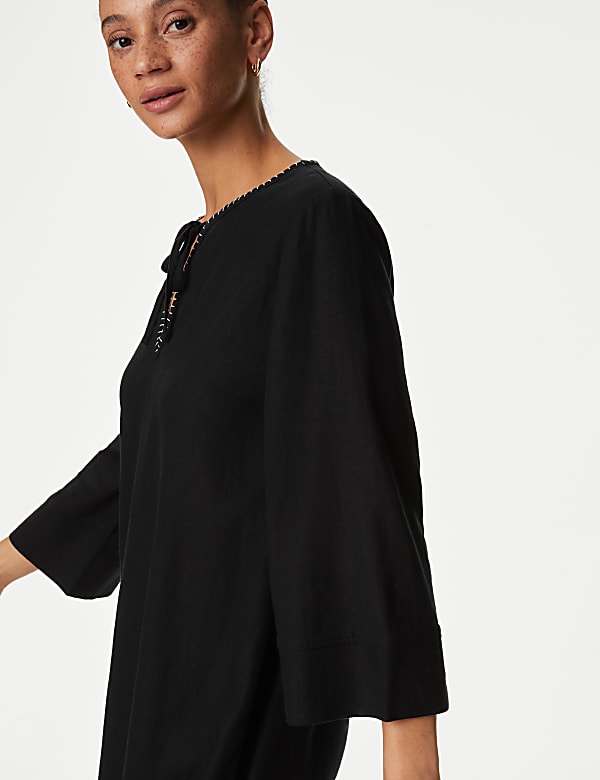 Linen Rich Tie Neck Knee Length Shift Dress