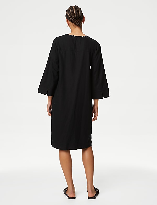 Linen Rich Tie Neck Knee Length Shift Dress