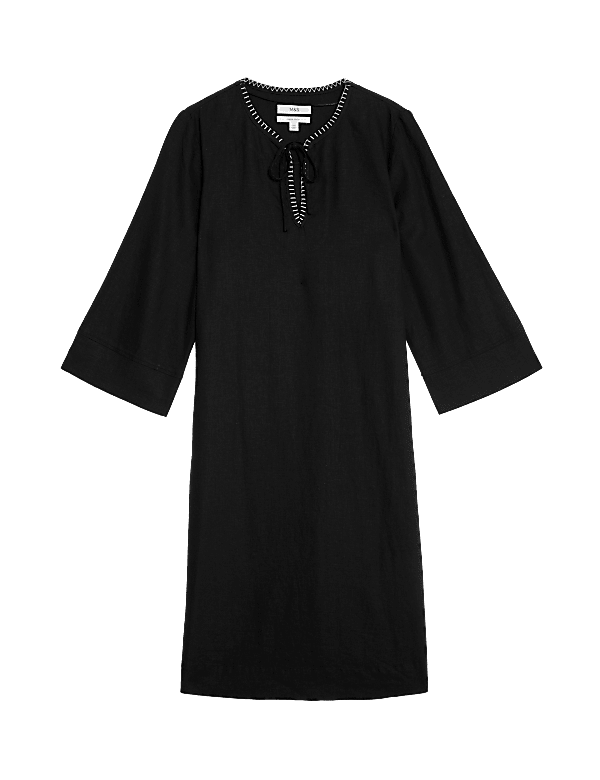 Linen Rich Tie Neck Knee Length Shift Dress