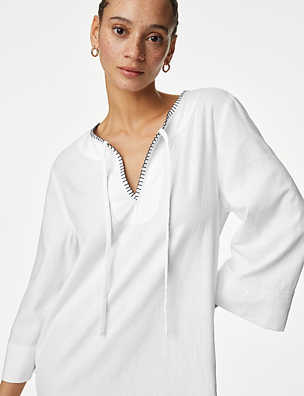 Linen Rich Tie Neck Knee Length Shift Dress