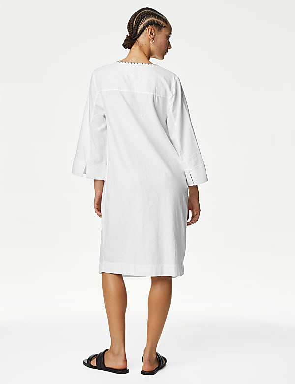 Linen Rich Tie Neck Knee Length Shift Dress
