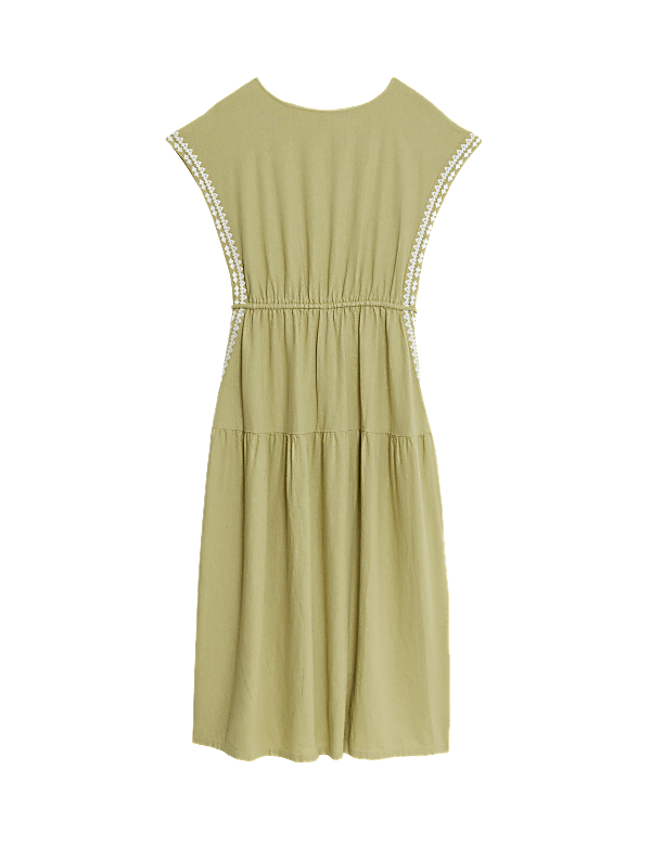 Linen Rich Embroidered Tie Waist Midi Dress