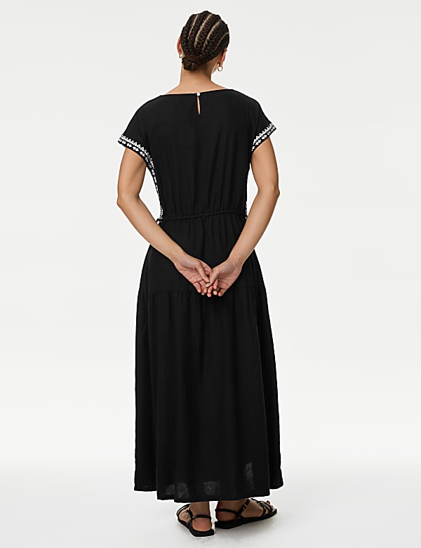 Linen Rich Embroidered Tie Waist Midi Dress